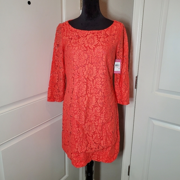 NWT Vince Camuto Lace Coral Pink Orange Sheath Dress Women's Size 10 3/4 Sleeves - Picture 3 of 16